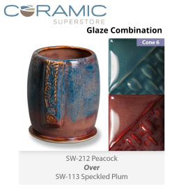 Peacock SW-212 over Speckled Plum SW-113 Stoneware Combination Peacock SW-212 over Speckled Plum SW-113 Stoneware Combination